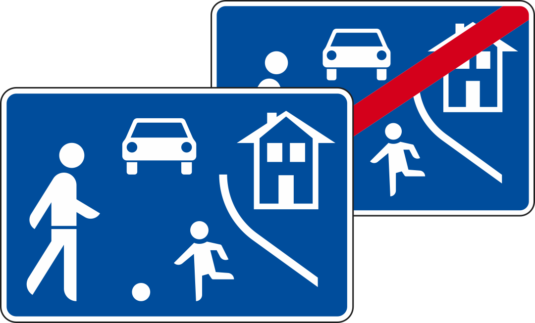 Beginn/Ende eines verkehrsberuhigten Bereichs,doppelseitig Beginn/Ende eines verkehrsberuhigten Bereichs,doppelseitig